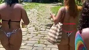 hey these three hotties sneak into the forest bushes ready to get wild with their big asses and hairy beavers