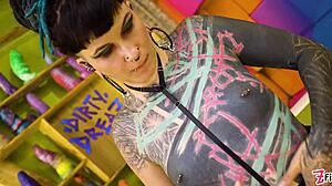 Goth queen teases tiny pierced tits before dripping facial cumshot