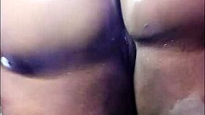 Ebony SSBBW spreads fat ass and squirts from huge dildo on table