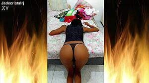 jade's curly brunette locks tease rio's tight shaved brazilian ass and juicy pussy