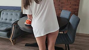 milf lifts t-shirt revealing no panties for surprise pounding