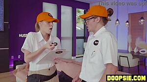 busty milf punishes two horny technicians caught snooping in garage