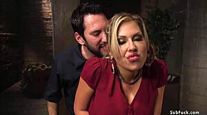 Busty blonde slave gagged choked in rough bondage fucking