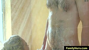 Blonde teen's oiled ass takes cumshot after nuru massage doggystyle pounding