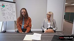 cheating tattooed teen talks boyfriend phone while boss doggystyle fucks office pussy!