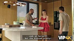 Vip4k. Una Fairy Sucks BF's Cock Then Fucks His Old Man on Sofa