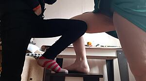 Middle-aged woman and student masturbate intensely on chairs