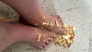 Coolmarina's tired feet get hard-boiled egg massage on the floor fetish fun!