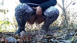 mature bbw lover squats pissing wildly in nature woods