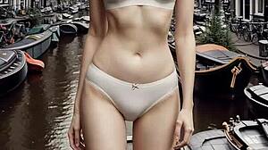 lingerie models chilling barefoot along amsterdam canals looking cute and sexy