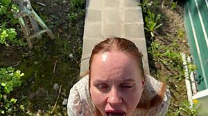 POV deepthroat fucking Russian beauty creampie close-up countryside nature first time