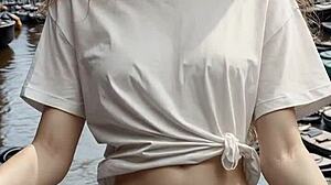 lingerie models chilling barefoot along amsterdam canals looking cute and sexy