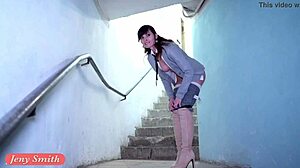 Naked Jeny Smith sneaks flashing pantyhose heels public lost corridors