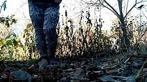 mature bbw lover squats pissing wildly in nature woods