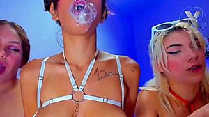 big titted brunette and her wild friends take turns on boyfriend's cock