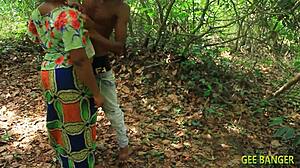 Ebony babe rides monster BBC in the bush