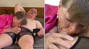 Granny Carmen Deepthroats Cock In Fuchsia Lingerie Close-Up