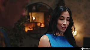 French Brunette's Huge Fake Boobs Nipples Sucked While Bound and Frozen!