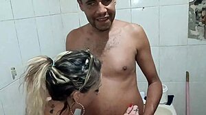 She sucks blind guy's cock till creamy mouth load