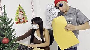 Christmas secretary bends for boss's demanding doggystyle ride