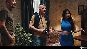 French Brunette's Huge Fake Boobs Nipples Sucked While Bound and Frozen!