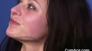 Frisky Peach Swallows Cumshot Facial from Blowbang Handjob Crew