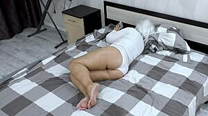 stepmom squeezes ass tight blocking stepson anal pounding!