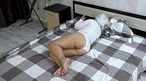 stepmom squeezes ass tight blocking stepson anal pounding!