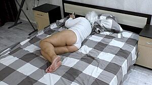 stepmom squeezes ass tight blocking stepson anal pounding!