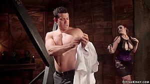 Mistress rams strapon deep into bound slave dude on birthday.