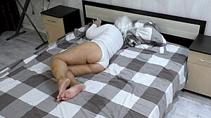 stepmom squeezes ass tight blocking stepson anal pounding!