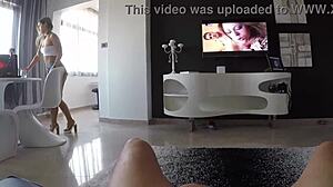 step sis sneaks in for secret cowgirl ride tease?