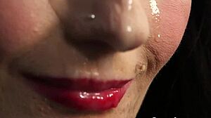 Frisky Peach Swallows Cumshot Facial from Blowbang Handjob Crew