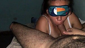 blindfolded slut deepthroats big cock sloppy natural tits