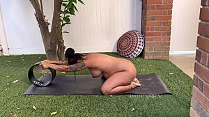 Pregnant Medusa naked yoga stretches outdoors wow!