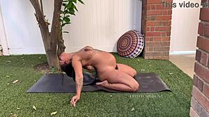 Pregnant Medusa naked yoga stretches outdoors wow!