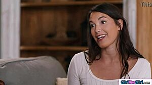 lesbian roommates dive into big tit milf's shaved pussy