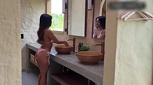 Colombian teen spreads tight ass bathing sensually in steamy shower