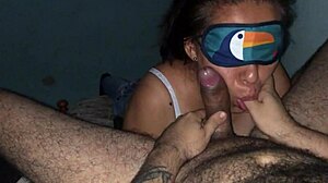 blindfolded slut deepthroats big cock sloppy natural tits