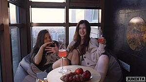 Two girlfriends share delivery guy's cock in bedroom