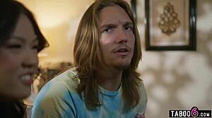 Chinese teen stepsister spies stepbro eyeing milf stepmom's monster cock