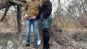 mother-in-law grips my cock while i pee outdoors