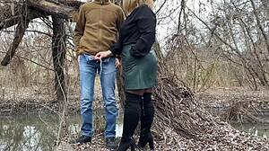 mother-in-law grips my cock while i pee outdoors