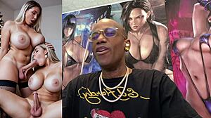 trans teen sucks christmas cock, cums hard all over tight body