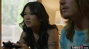 Chinese teen stepsister spies stepbro eyeing milf stepmom's monster cock