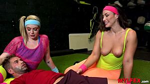 mylfex gym milfs stretch flexible bodies for new guy in threesome workout