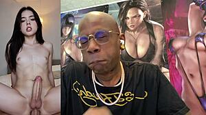 trans teen sucks christmas cock, cums hard all over tight body