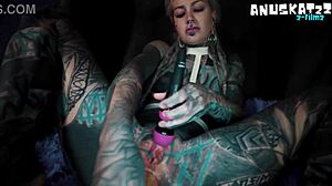 damn latex tattoo girl's anal prolapse gape with metal toy!