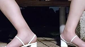 ting xuan, stroke off barefoot in heels and cum on my feet???