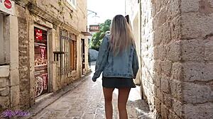 Romantic Public Walk with Remote Vibrator Buzzing in Blonde's Pussy